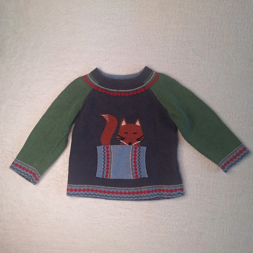 Hanna Andersson Kids Fox‎ Intarsia Knit Sweater Blue Green Fair Isle Size 85